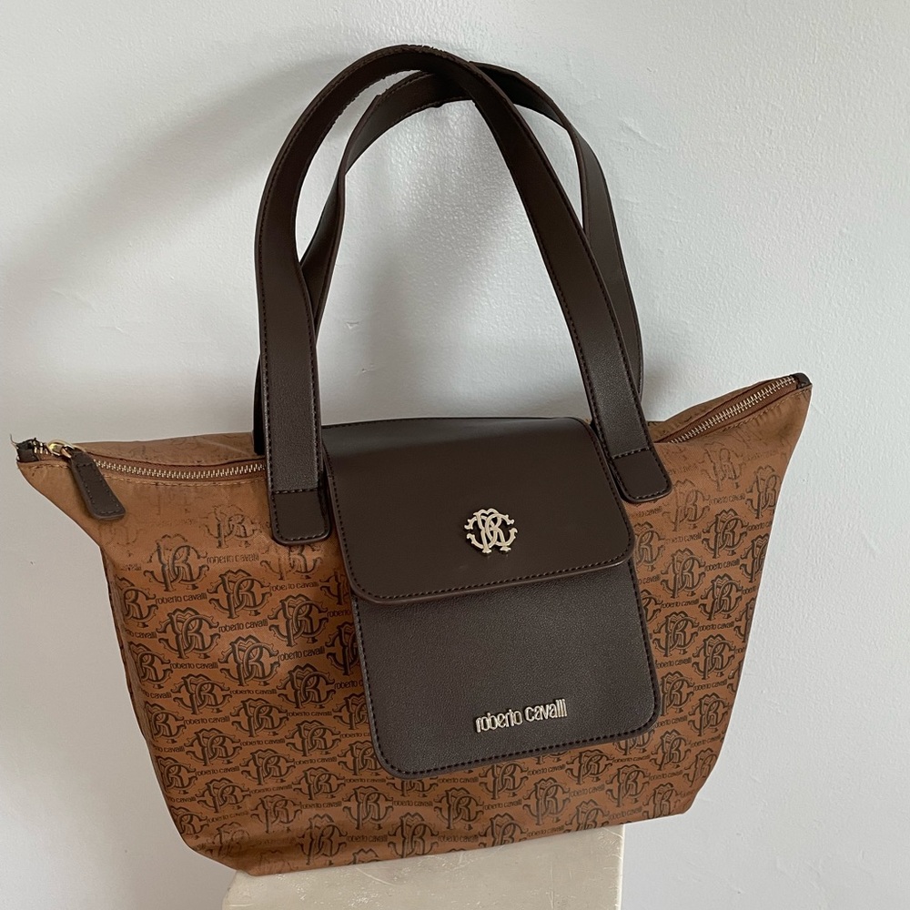 Roberto Cavalli Brown Large Nylon Luxury Designer Shopper Tote